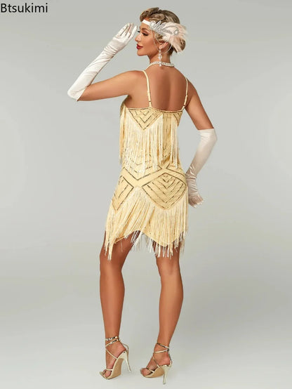 Flapper Roaring Plus Size 20s Great Lady Mini Short Dress Gatsby Fringed Sequin Beaded Lady Mini Tassels Decoration Dress Women