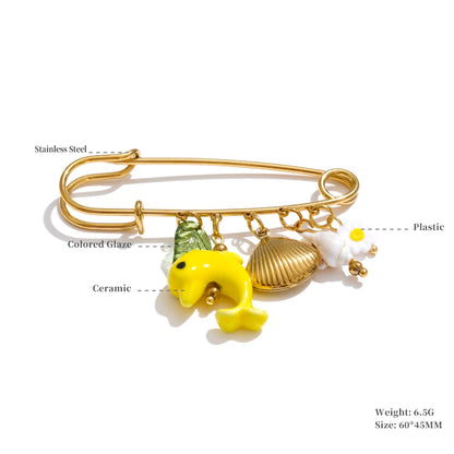 Yhpup 1Pcs Fashion Plastic Strawberry Fruit Heart Flower Shell Drop Charm Clasp Pin 18K Golden Plated Stainless Steel Jewelry