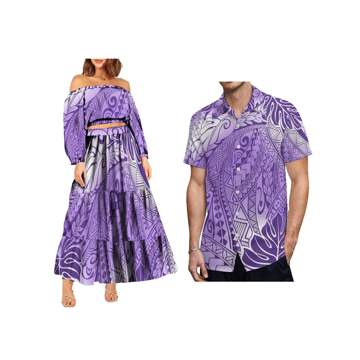 New Fashion Custom Plus Size Lady Full Sleeve Off Shoulder Crop Top and Long Pleated Skirt Samoan Polynesian Dress Women 2pcs