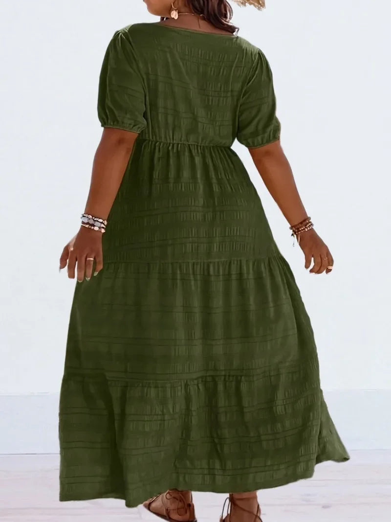Plus Size 1XL-5XL Women's Fashionable Square Neck Solid Color Short Sleeved Dress Ladies Casual A-line Skirt Long Dress