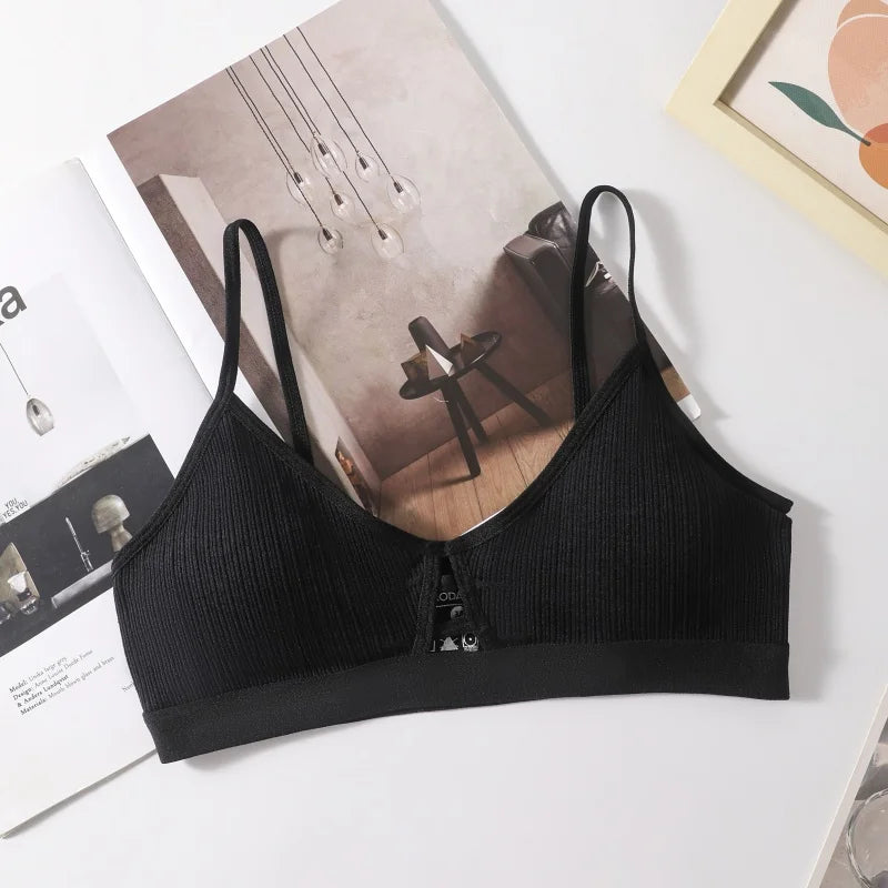 Women's Ribbed Hollow-Out Bralette Wireless Bra Breathable Padded Underwear Ladies Thin Strap Lingerie Daily Wear Sports Bras