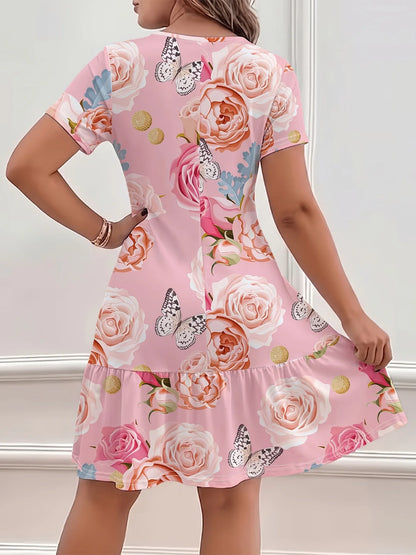 Plus Size Summer Dress Pink Rose Butterfly Print Short Sleeve Ruffle Hem A-line Casual Dress