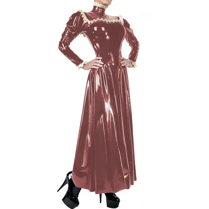 Plus Size Ladies Elegant Long Dress High Neck Ruched Trims Long Sleeved Vestidos Bodycon Back Zip Wetlook PVC Leather Ball Gowns