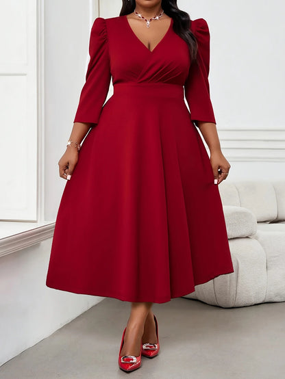 Plus Size Elegant Women Red Dress 2026 3/4 Sleeve High Waist A-Line Autumn Spring Office Lady Party Maxi Dress