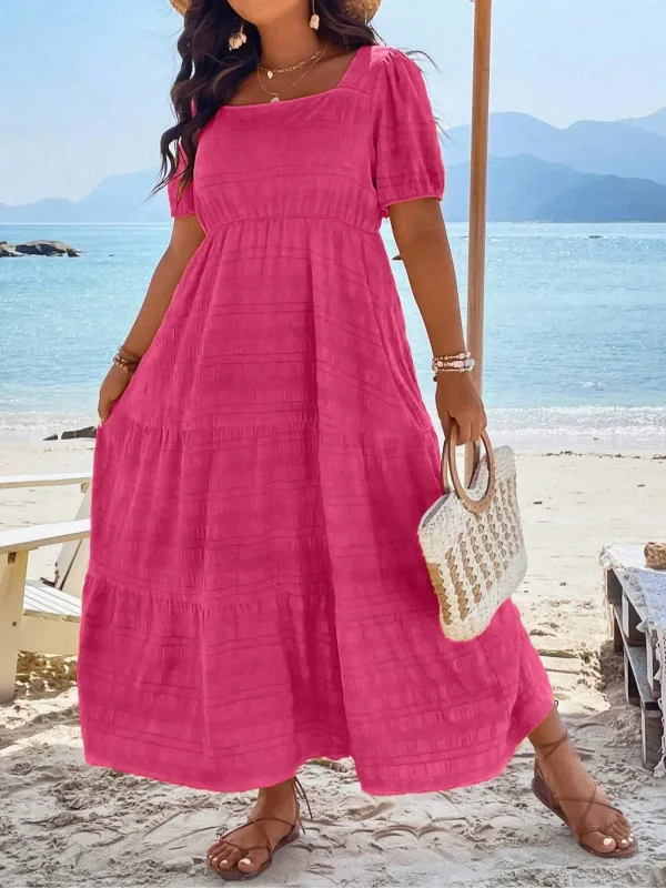 Plus Size 1XL-5XL Women's Fashionable Square Neck Solid Color Short Sleeved Dress Ladies Casual A-line Skirt Long Dress