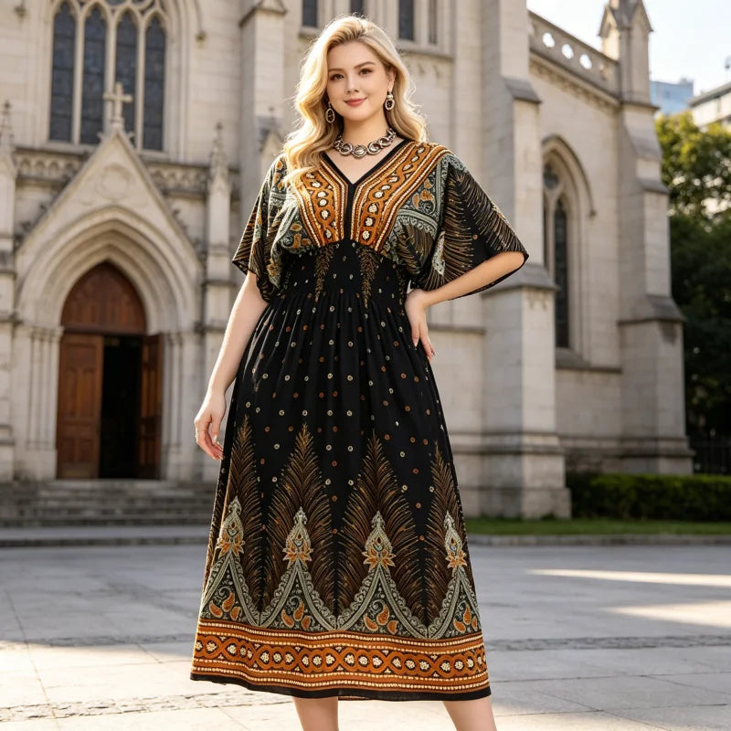 Plus Size Elegant Party Woman Midi Dresses Casual Retro Ethnic Style V-neck Tunic Large Swing Floral Printed Long Skirt Holiday