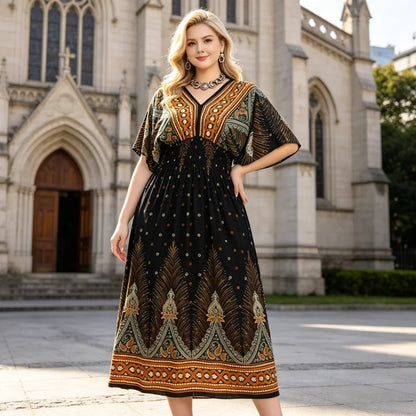 Plus Size Elegant Party Woman Midi Dresses Casual Retro Ethnic Style V-neck Tunic Large Swing Floral Printed Long Skirt Holiday