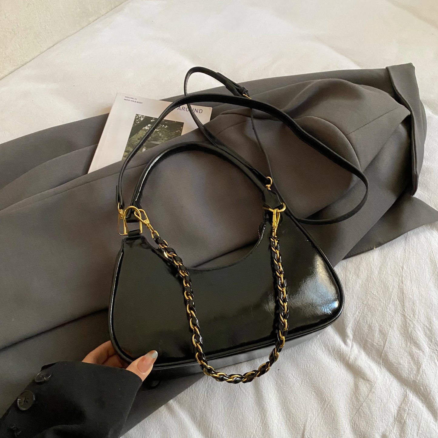Elegant Ladies Shopping Purse Retro Pu Leather Shoulder Bag French Style Underarm Handbag Chain Clutch Bag Female Crossbody Bag