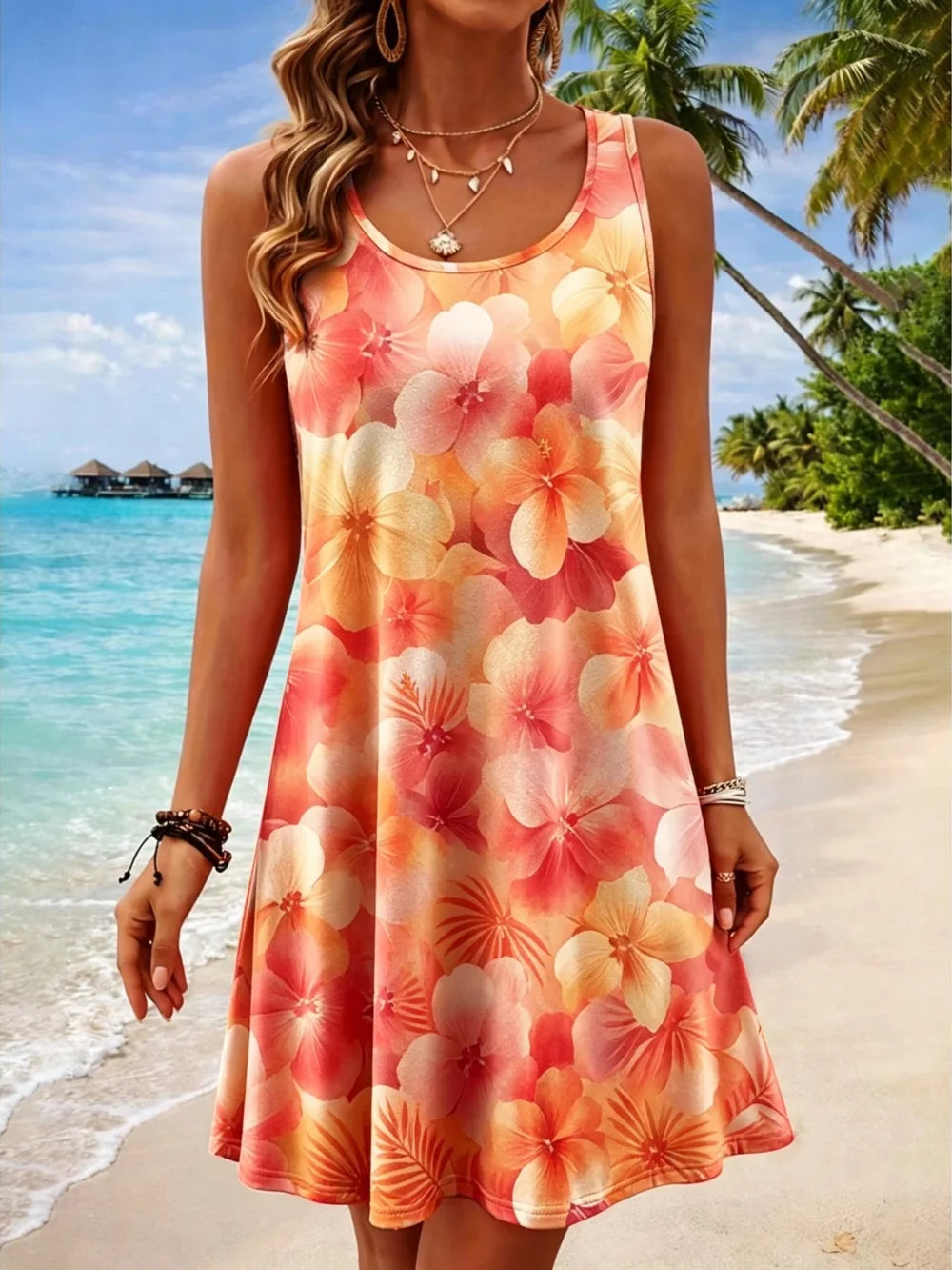 Plus Size Women's Round Neck Sleeveless Tropical 3d Print Casual A-Line Mini Dress, Beach Tank Dresses for Spring & Summer