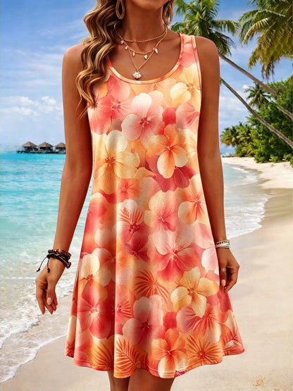 Plus Size Women's Round Neck Sleeveless Tropical 3d Print Casual A-Line Mini Dress, Beach Tank Dresses for Spring & Summer