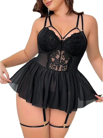 Plus Size Sexy Lace See Through Woman Short Dresses Pure Colour Hook Flower Hollow Fashion Versatile Clothes Korean Style MA1R