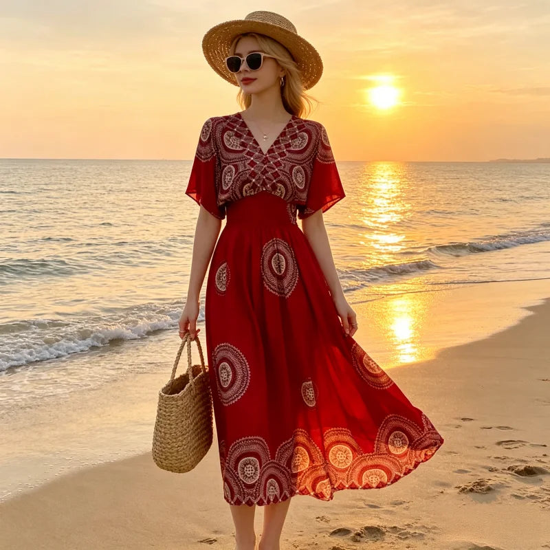 Plus Size Elegant Party Woman Midi Dresses Casual Retro Ethnic Style V-neck Tunic Large Swing Floral Printed Long Skirt Holiday