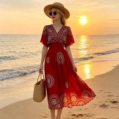 Plus Size Elegant Party Woman Midi Dresses Casual Retro Ethnic Style V-neck Tunic Large Swing Floral Printed Long Skirt Holiday