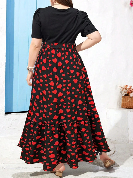 Plus Size Summer Round Neck Dress with Puff Sleeves, Short Sleeves, Ruffled Hem, Slim Waist and Medium-Length Fashionable Dress