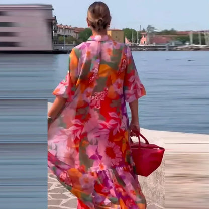 Plus Size Dress Women Turn Down Colloar Flower Printed Long Dress Boho Beach Holidyay Dresses For Women Casual Half Sleeve Loose