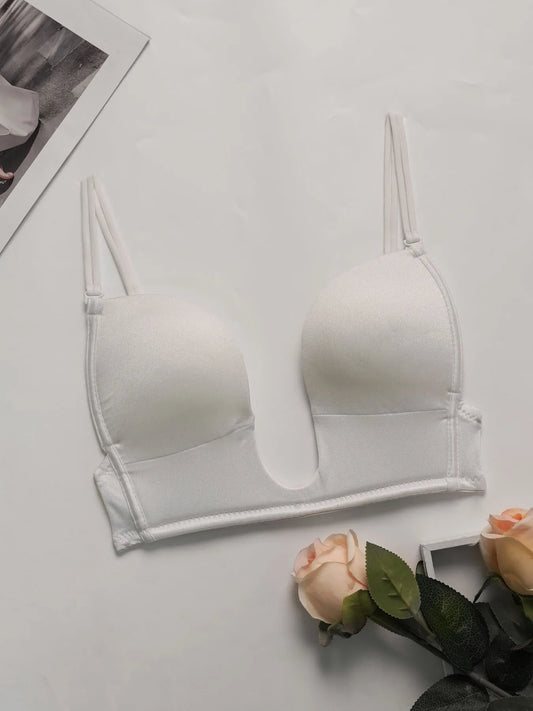Women's sexy deep U-shaped bra without steel ring gathered push up straps adjustable comfortable and breathable bra U03