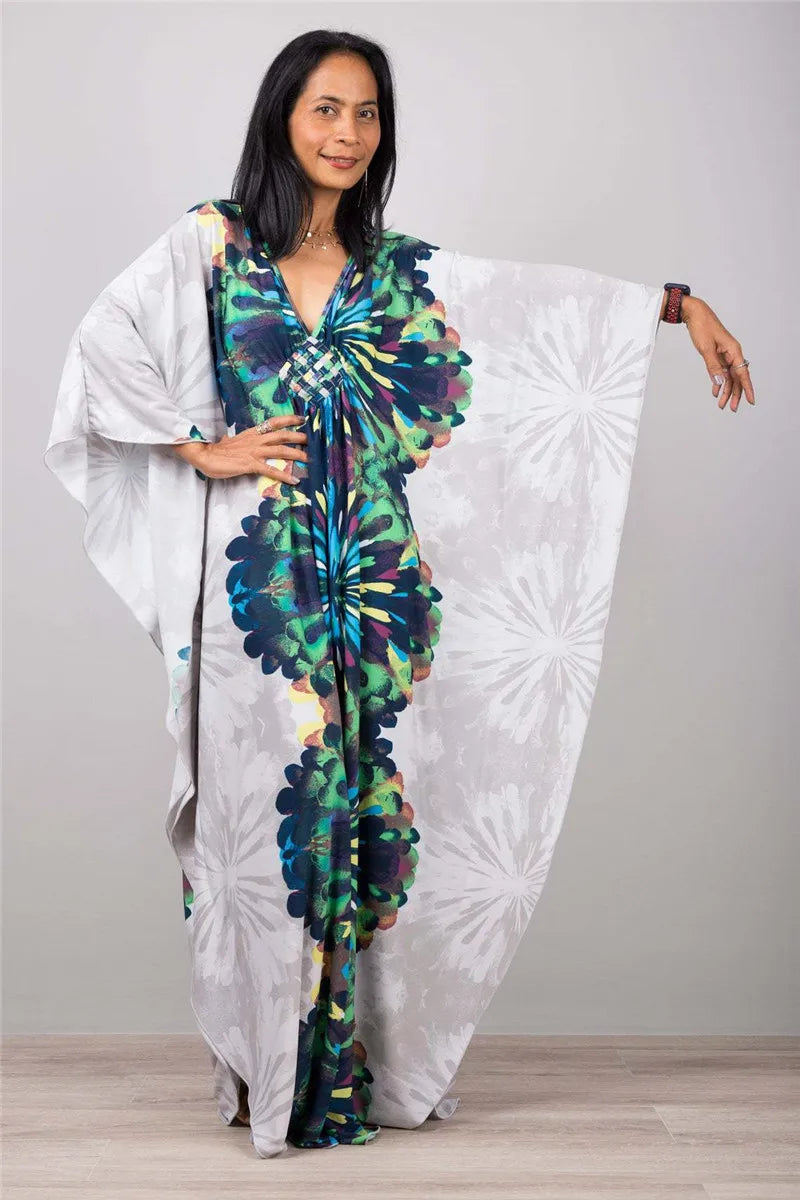 Plus Size Dresses Womens Caftan Floral Print Kaftan Dress Short Sleeve Swimsuit Cover up Loungewear for Summer