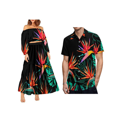 New Fashion Custom Plus Size Lady Full Sleeve Off Shoulder Crop Top and Long Pleated Skirt Samoan Polynesian Dress Women 2pcs