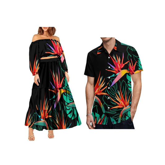 New Fashion Custom Plus Size Lady Full Sleeve Off Shoulder Crop Top and Long Pleated Skirt Samoan Polynesian Dress Women 2pcs