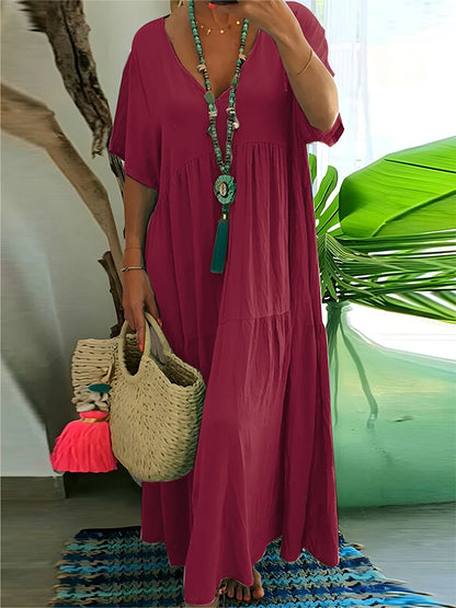 Plus-Size Women's Casual, Loose-Fitting, V-Neck Solid-Color Long Dress; Spring/Summer Pleated Plus-Size Women's Dress