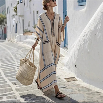 Plus Size Dress Women Boho Striped Extra Long V Neck Oversized Robe Summer Linen Beach Vacation Daily Casual Commuting Vestidos