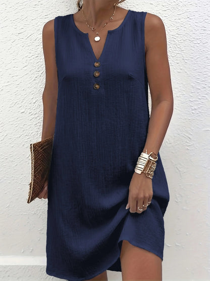 Chic Plus Size Women's Sleeveless V Neck Dress with Button Detail for Effortless Style