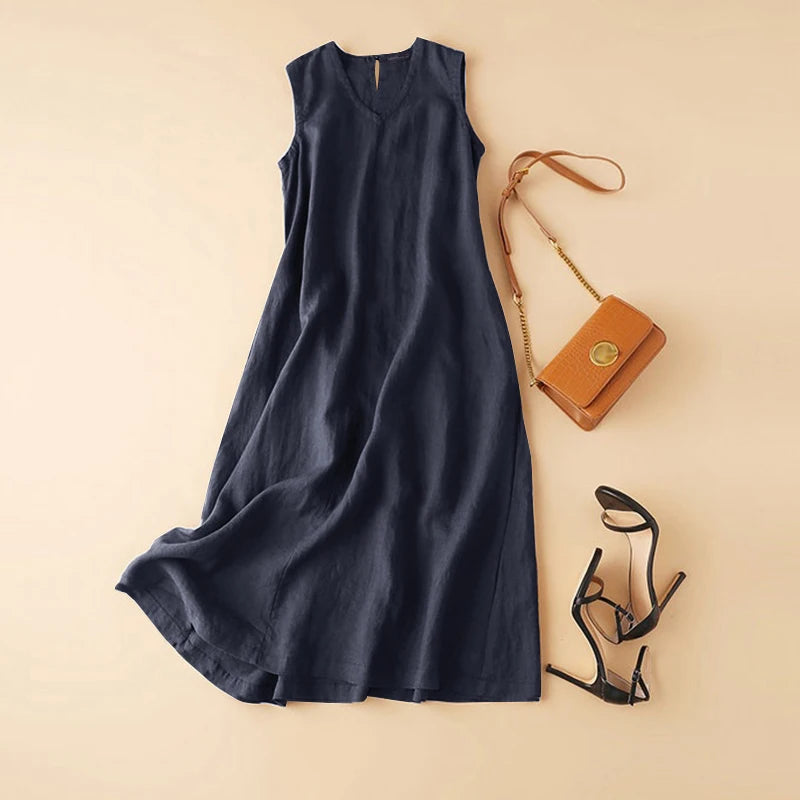ZANZEA Plus Size Cotton Sleeveless Dresses 2025 Summer Womens Casual V Neck Solid Sundress Loose Vestidos Vintage Robes Femme