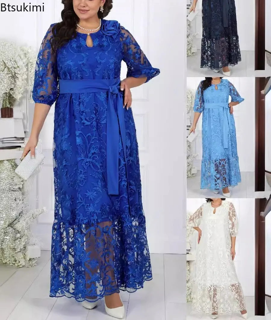 New Women's Elegant Lace Embroidery Cocktail Party Dresses Spring Plus Size Hollow Out Prom Gown Ladies Slim Formal Maxi Dress