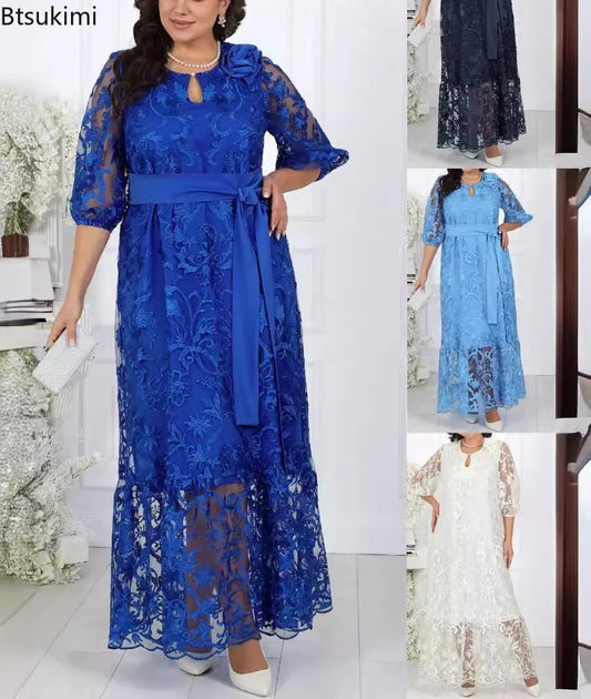 New Women's Elegant Lace Embroidery Cocktail Party Dresses Spring Plus Size Hollow Out Prom Gown Ladies Slim Formal Maxi Dress