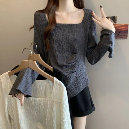 Plus Size Women Autumn Square Neck Long Sleeve Top Flare Sleeve Textured Slim Fit Undershirt T Shirt for Curvy Girls