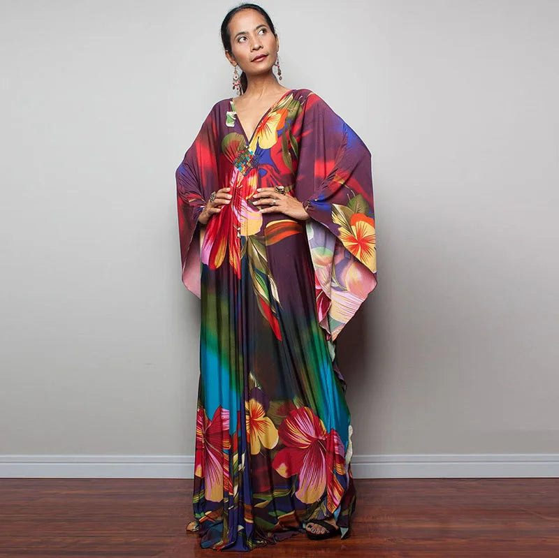Plus Size Dresses Womens Caftan Floral Print Kaftan Dress Short Sleeve Swimsuit Cover up Loungewear for Summer