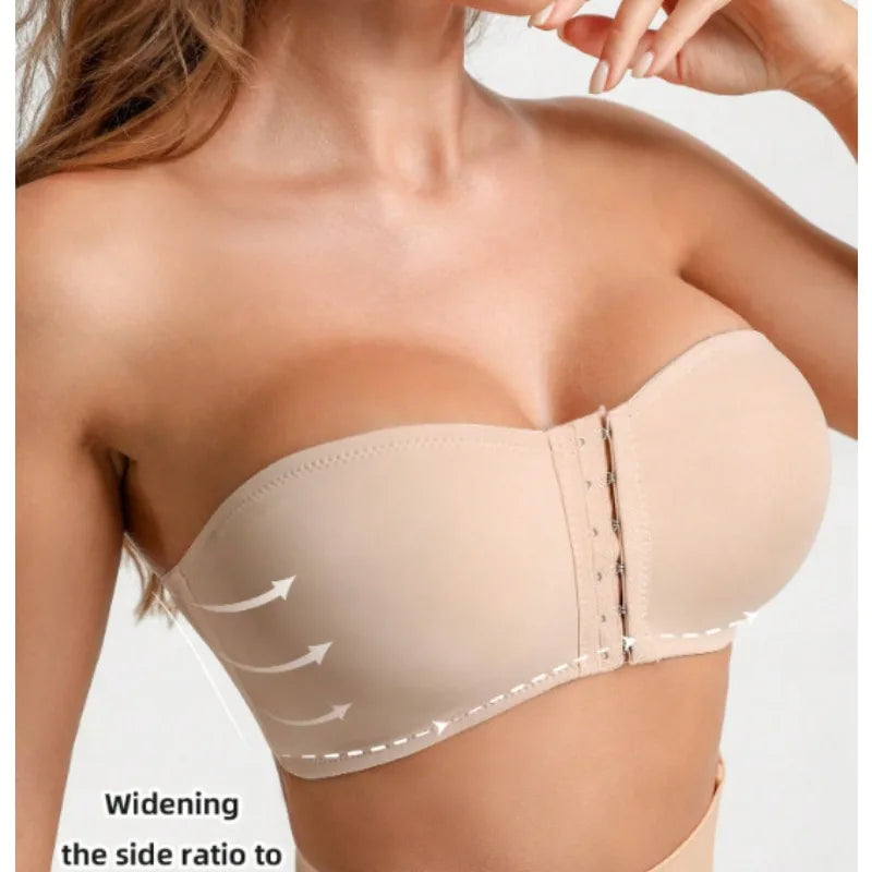 Women's Bra Black Front Buckle Removable Padded Wireless Soft Ice Silk Traceless Bra Strapless Underwear for Women Strapless Bra