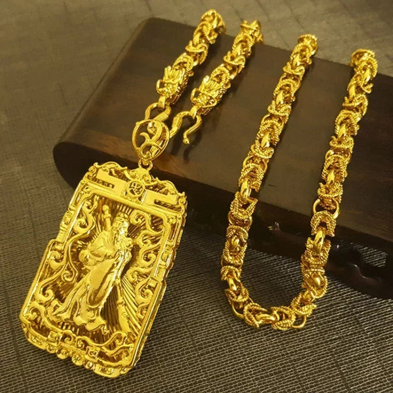 Dragon Pendant AU750 Gold Necklace - Guanyin 18K Pendant Necklace, Bold and Stylish Jewelry Gift for Men and Women