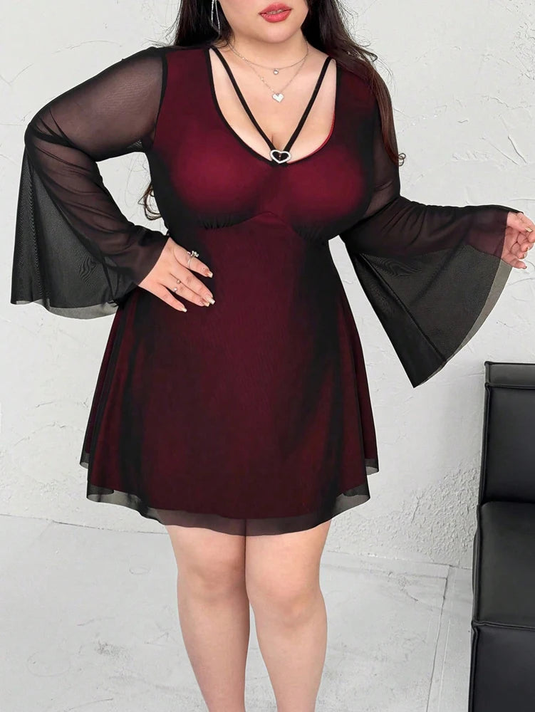 Plus Size Curvy Women Burgundy Mesh Mini Dress V Neck Heart Decor Flare Sleeve Sheer Overlay A Line Club Night Out Short Dress