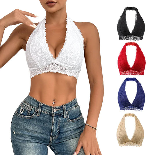 Plus Size Sexy Floral Lace Backless Halter Bra Comfy & Breathable Deep V-neck Seamless Wire Free Bras Women Underwear