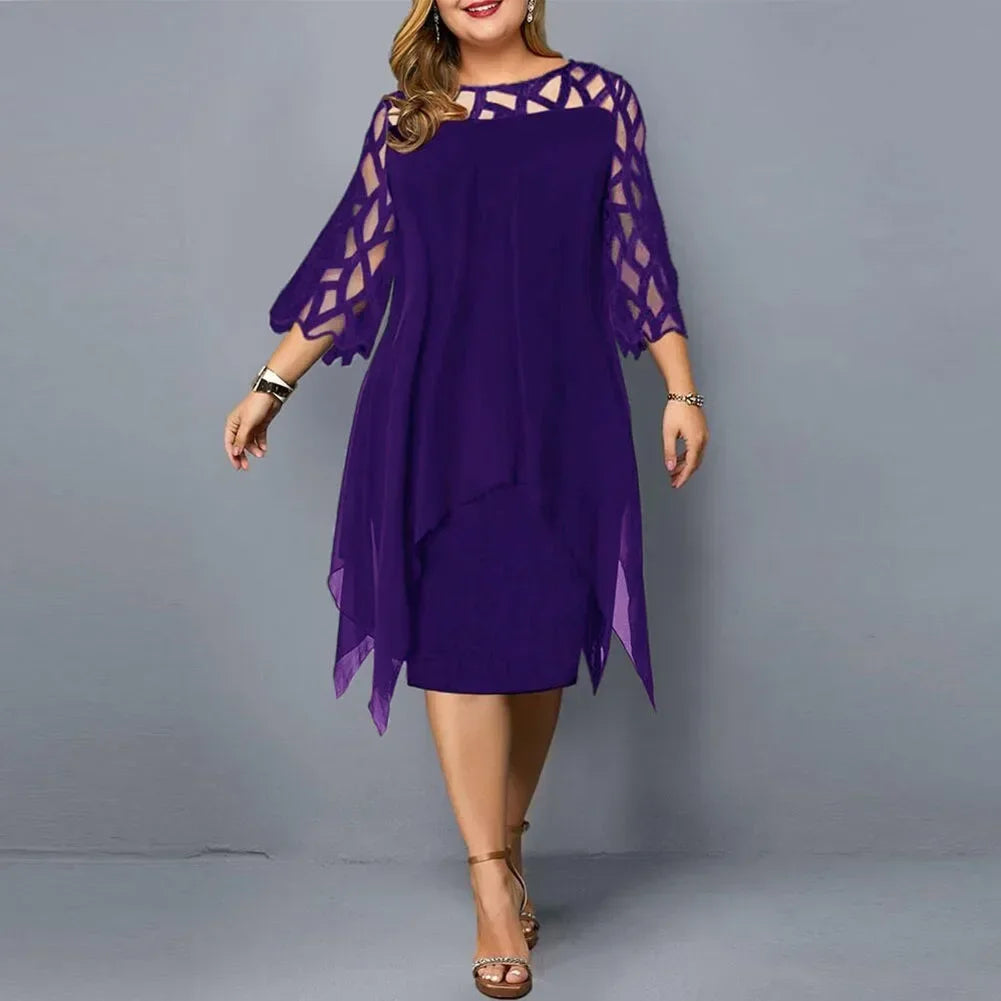 Elegant Women Party Dress Plus Size Evening Dresses Hollow Out Lace Sleeve Monochrome Irregular Hem Chiffon Dress