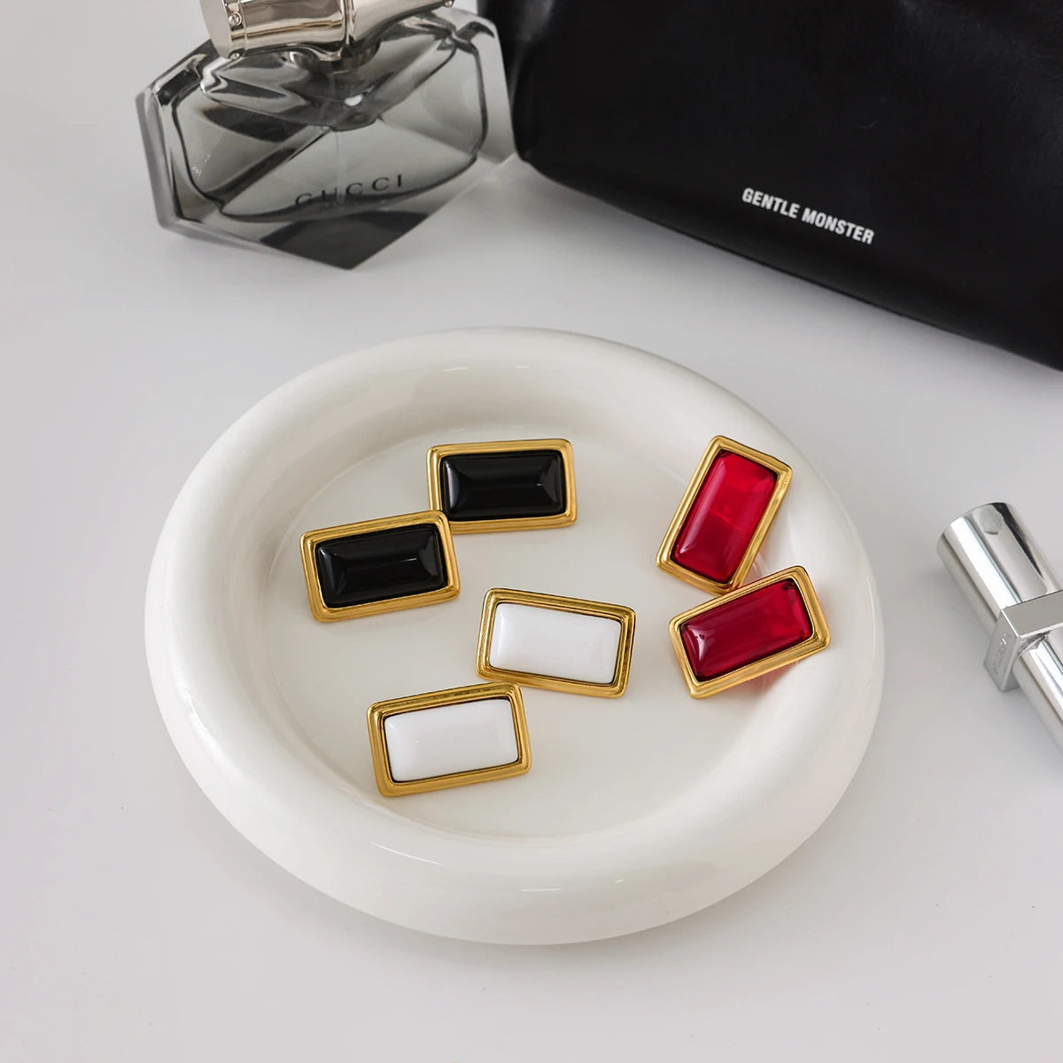 Uworld Classic Fashion 18K Gold Color Plated Red Agate Square Earrings Hypoallergenic Waterproof Stainless Steel Women Jewelry