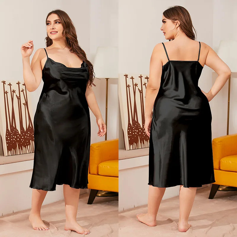 Plus Size 3XL 4XL 5XL Women's Nightgown Chemise Sleepwear Sexy Suspender Lace V-Neck Nightdress Loose Satin Homewear