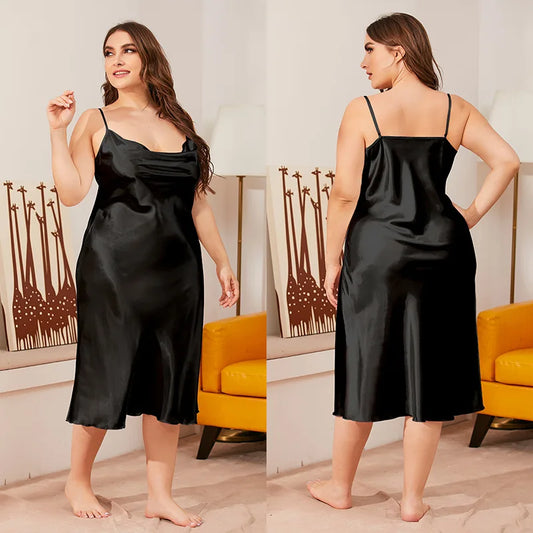 Plus Size 3XL 4XL 5XL Women's Nightgown Chemise Sleepwear Sexy Suspender Lace V-Neck Nightdress Loose Satin Homewear