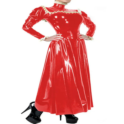 Plus Size Ladies Elegant Long Dress High Neck Ruched Trims Long Sleeved Vestidos Bodycon Back Zip Wetlook PVC Leather Ball Gowns