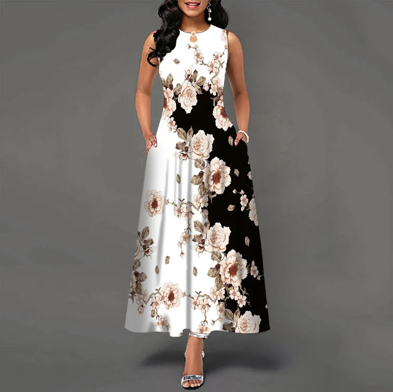 Women Plus Size Casual Retro Long Dress with Pockets Floral Print Swing Dress