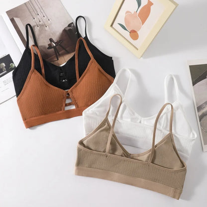 Women's Ribbed Hollow-Out Bralette Wireless Bra Breathable Padded Underwear Ladies Thin Strap Lingerie Daily Wear Sports Bras