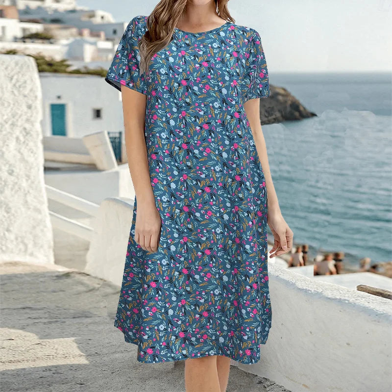 Plus-Size Women's Floral Print round Neck Short Sleeve Dress Loose Fit Fashionable Casual Home Wear Everyday Dress