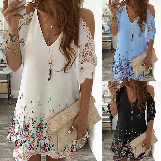 Plus Size Sexy Off Shoulder Dress Women Vintage Floral Lace Half Sleeve Mini Dresses Casual Sling V Neck Beach Party Dresses