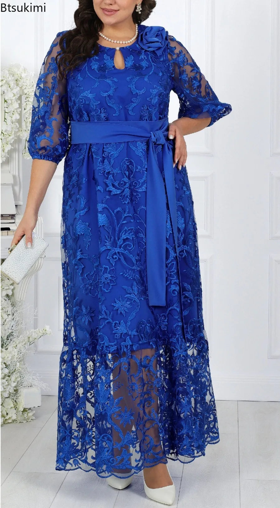 New Women's Elegant Lace Embroidery Cocktail Party Dresses Spring Plus Size Hollow Out Prom Gown Ladies Slim Formal Maxi Dress