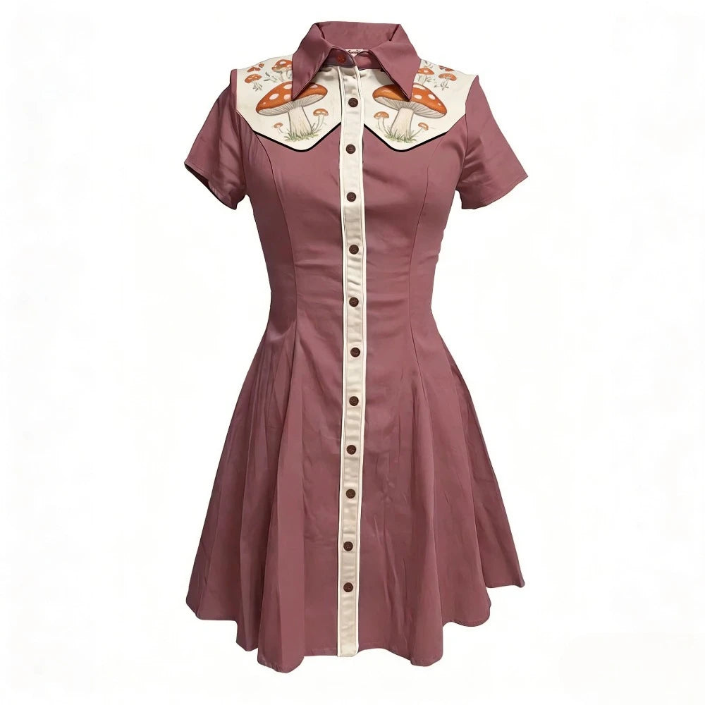 Women's Plus Size Cute Mushroom Print Lapel Collar Dress Button Down Slim Fit Casual Party Dress Cotton Soft Casual Dresses