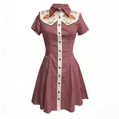 Women's Plus Size Cute Mushroom Print Lapel Collar Dress Button Down Slim Fit Casual Party Dress Cotton Soft Casual Dresses