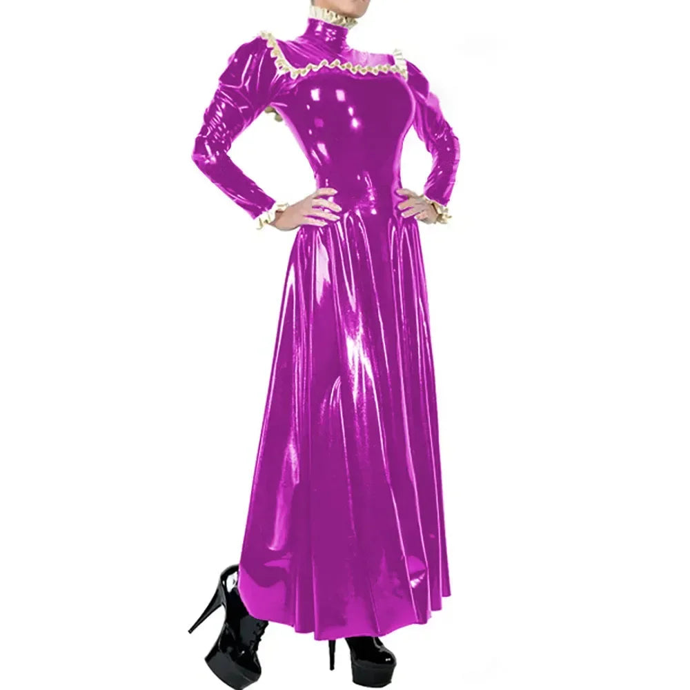 Plus Size Ladies Elegant Long Dress High Neck Ruched Trims Long Sleeved Vestidos Bodycon Back Zip Wetlook PVC Leather Ball Gowns