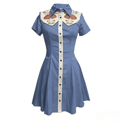 Women's Plus Size Cute Mushroom Print Lapel Collar Dress Button Down Slim Fit Casual Party Dress Cotton Soft Casual Dresses