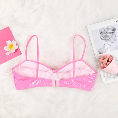Women Bras Tops Wet Look Faux Leather Bra Top Sexy Lingerie Wire Free No Pad Bralette Underwear Femme Womans Intimates